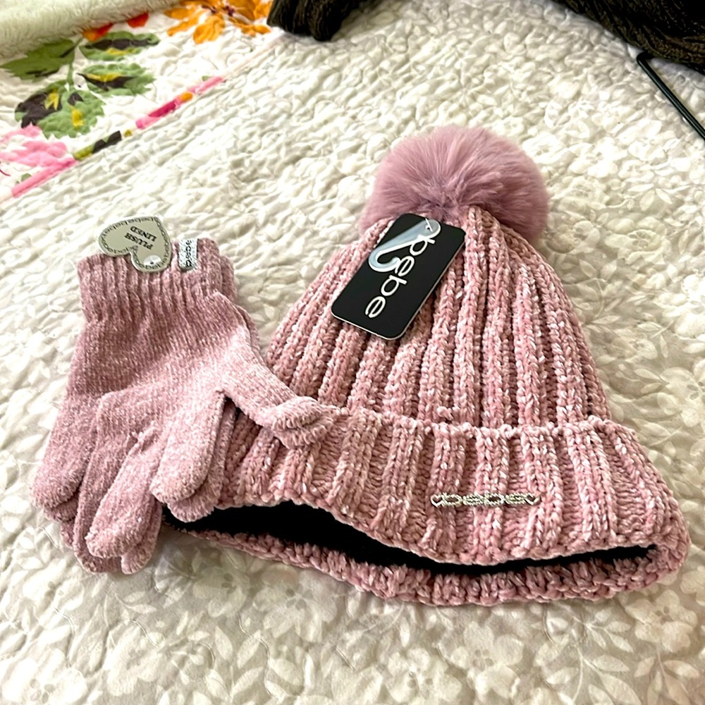 Knitted hat & gloves light pink, Bebe one size fits all very pretty, soft & warm